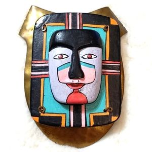 Vintage Handmade Hand Painted Brass Wood Face Art Belt Buckle African Pendant?